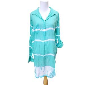 Ingear Resort Teal White Stripe Cotton Gauze Swim Cover Up Long Roll Tab Slv  Lg